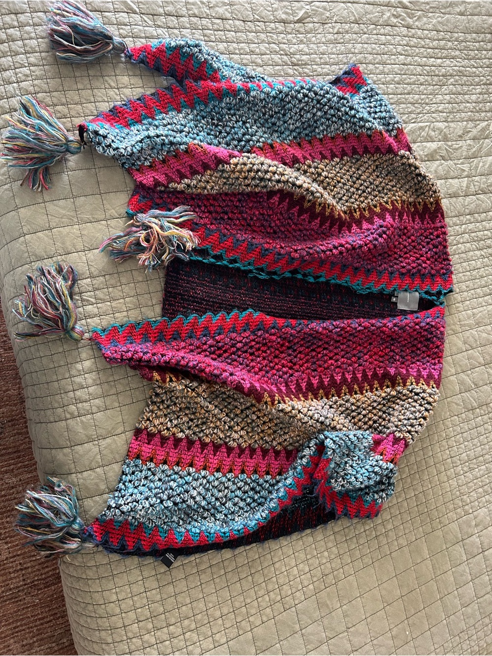Anthropologie Multicolor Chevron Tassel Knit Shrug in Pink, Blue & Brown